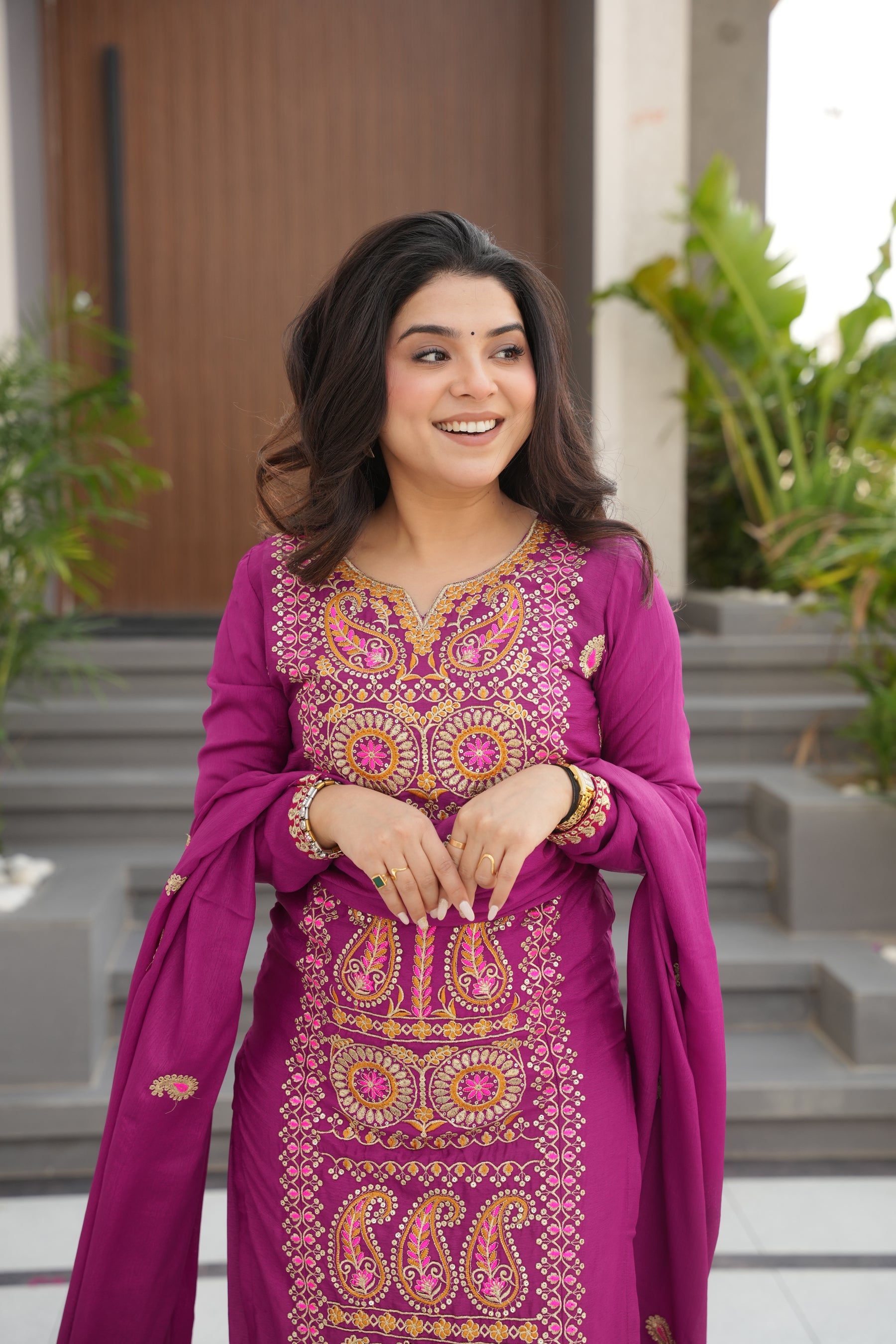 Lorenvalley Fashion Magenta Chinon Silk with Zari Multi & Thread Embroidered work Kurta Pant with Dupatta