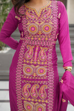 Lorenvalley Fashion Magenta Chinon Silk with Zari Multi & Thread Embroidered work Kurta Pant with Dupatta