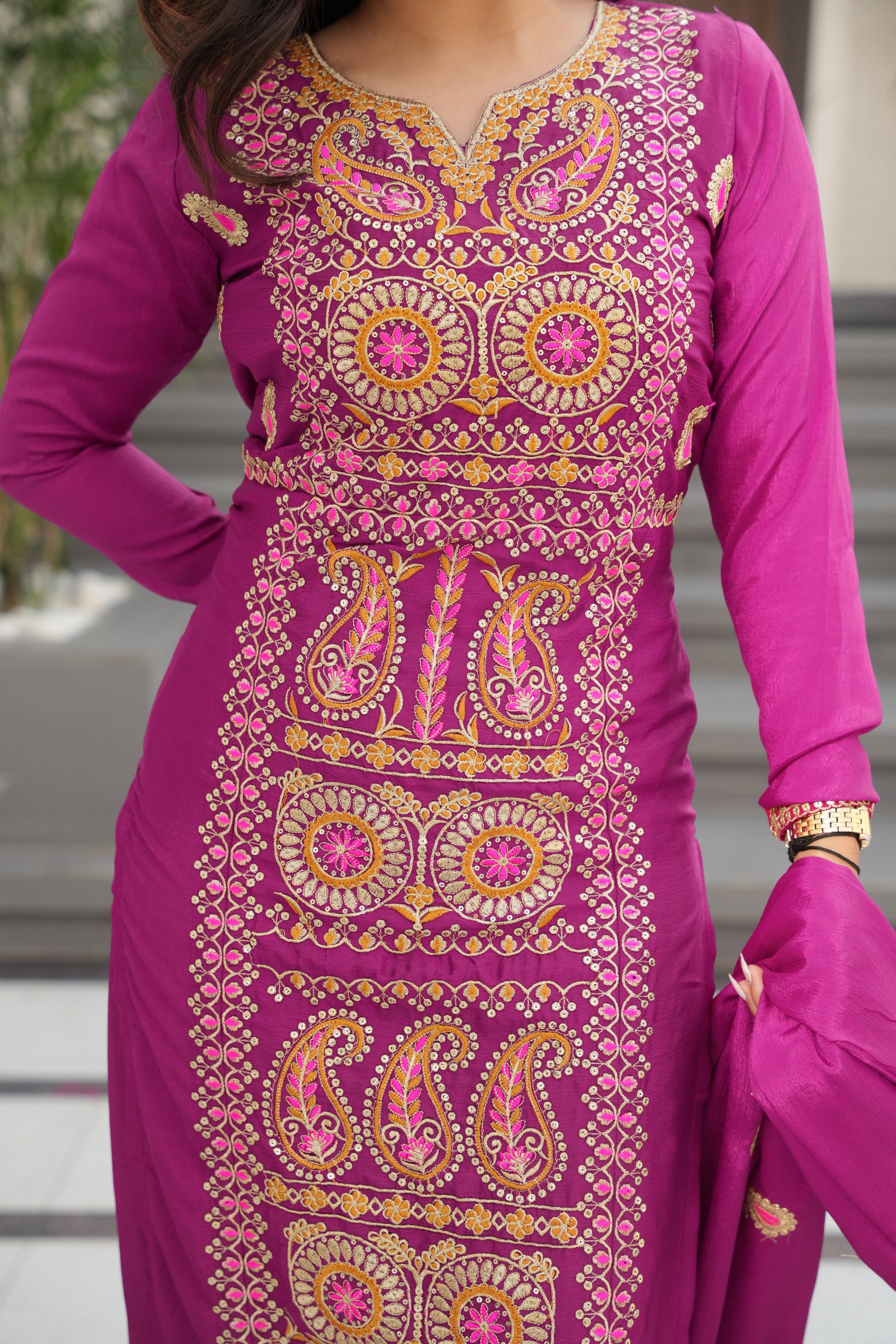 Lorenvalley Fashion Magenta Chinon Silk with Zari Multi & Thread Embroidered work Kurta Pant with Dupatta