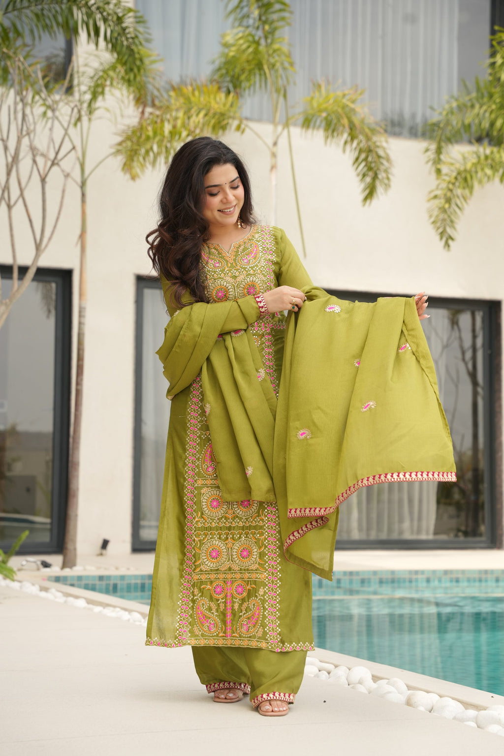 Lorenvalley Fashion Parrot Green Chinon Silk with Zari Multi & Thread Embroidered work Kurta Pant with Dupatta
