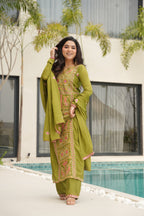 Lorenvalley Fashion Parrot Green Chinon Silk with Zari Multi & Thread Embroidered work Kurta Pant with Dupatta
