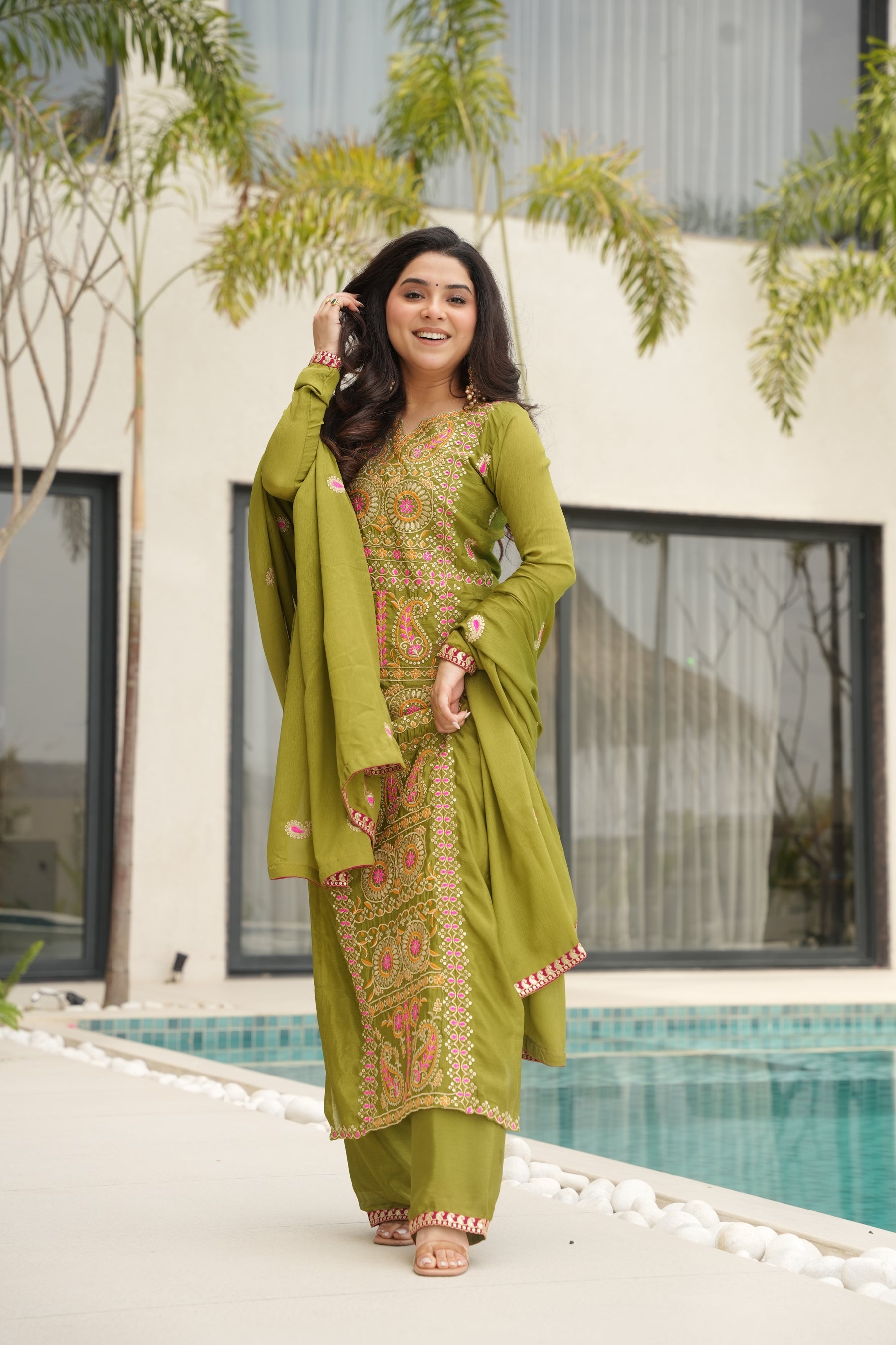 Lorenvalley Fashion Parrot Green Chinon Silk with Zari Multi & Thread Embroidered work Kurta Pant with Dupatta