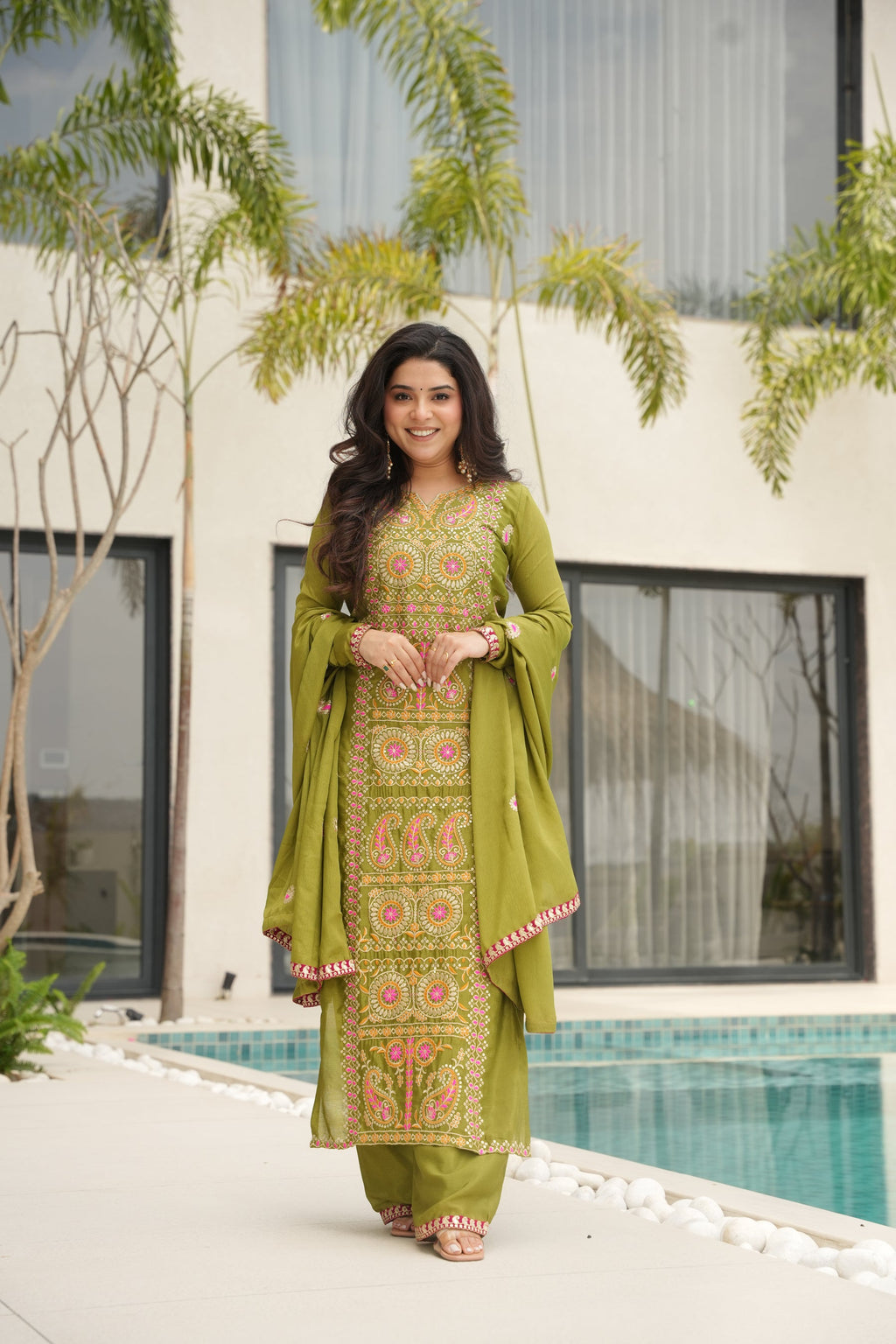 Lorenvalley Fashion Parrot Green Chinon Silk with Zari Multi & Thread Embroidered work Kurta Pant with Dupatta
