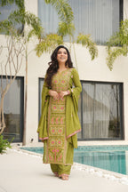 Lorenvalley Fashion Parrot Green Chinon Silk with Zari Multi & Thread Embroidered work Kurta Pant with Dupatta