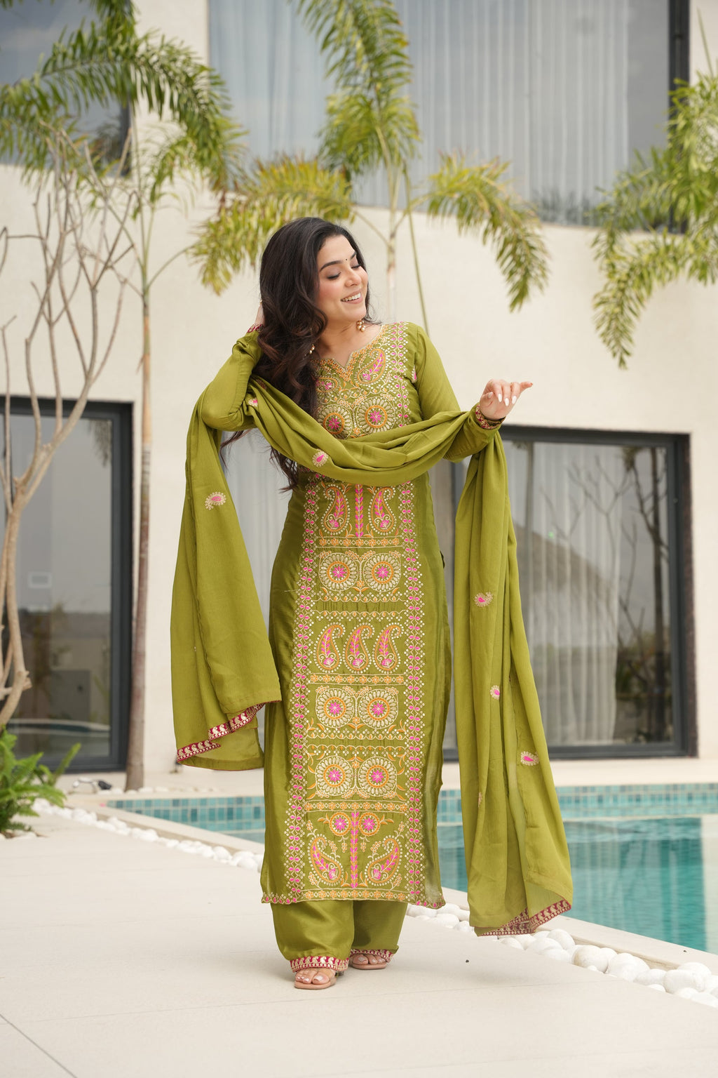 Lorenvalley Fashion Parrot Green Chinon Silk with Zari Multi & Thread Embroidered work Kurta Pant with Dupatta