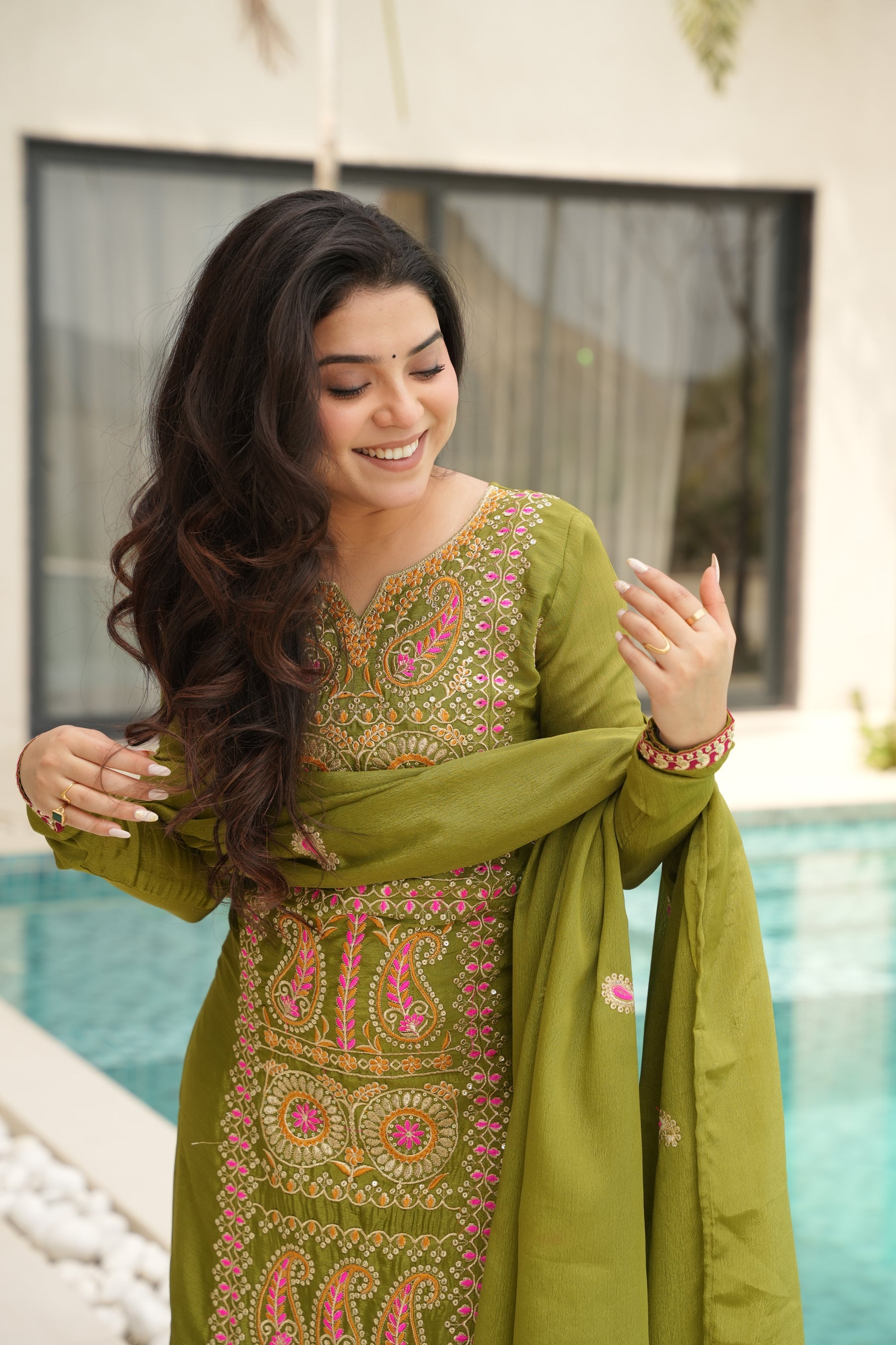 Lorenvalley Fashion Parrot Green Chinon Silk with Zari Multi & Thread Embroidered work Kurta Pant with Dupatta