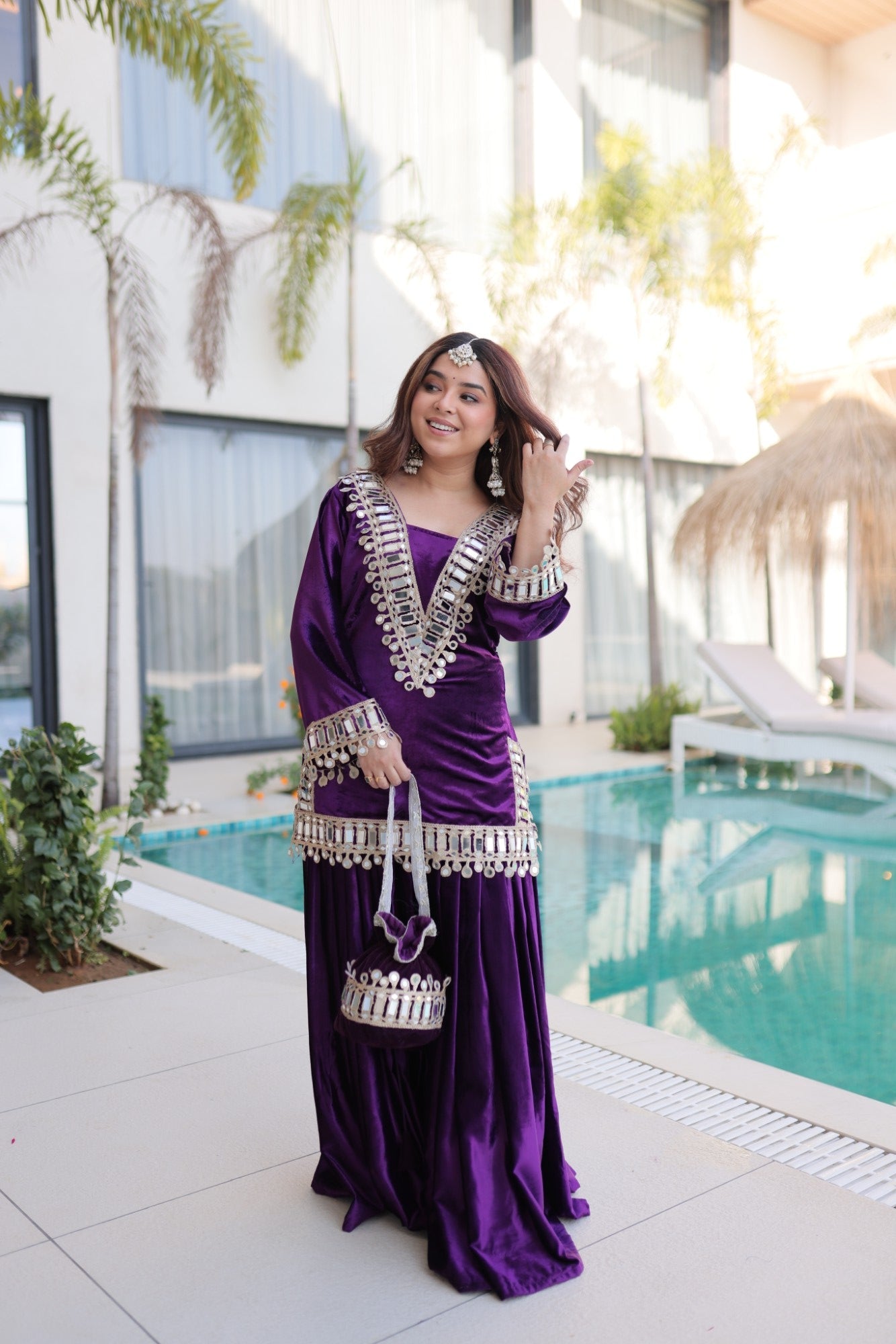 Lorenvalley Fashion Purple Velvet with Rich Zari Embroidered & Real Mirror work Kurta Palazzo with Dupatta - Distacart