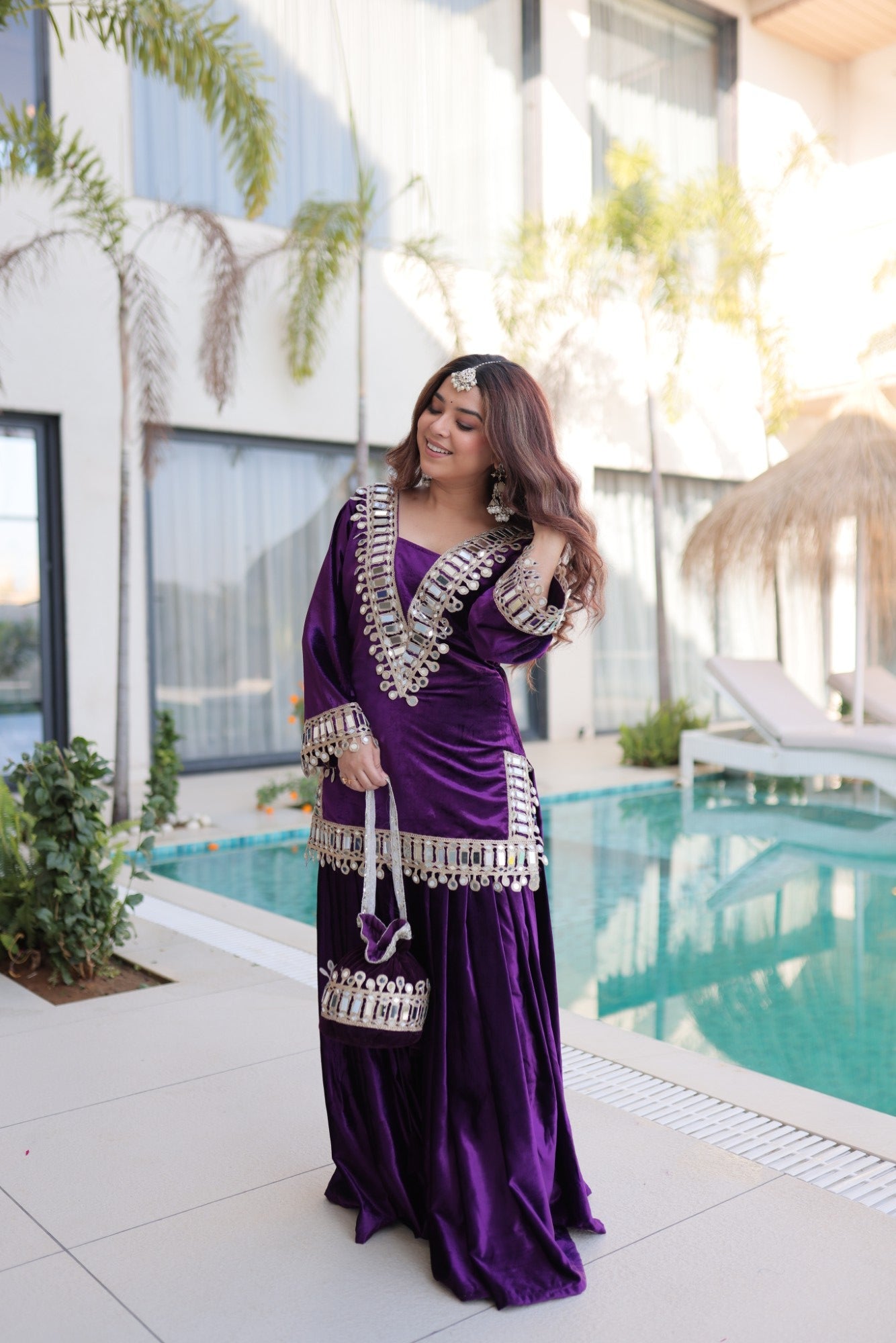 Lorenvalley Fashion Purple Velvet with Rich Zari Embroidered & Real Mirror work Kurta Palazzo with Dupatta - Distacart