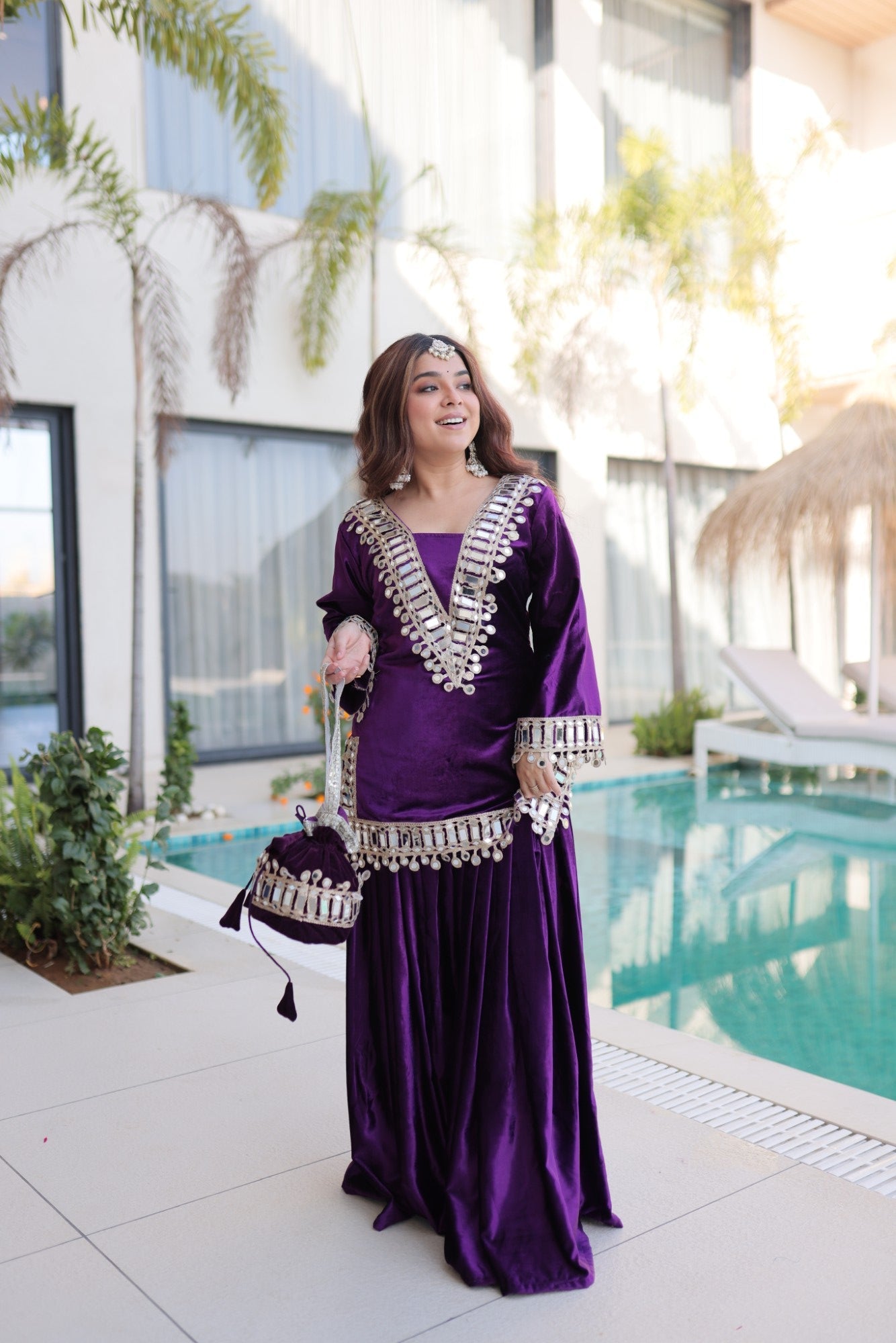 Lorenvalley Fashion Purple Velvet with Rich Zari Embroidered & Real Mirror work Kurta Palazzo with Dupatta - Distacart