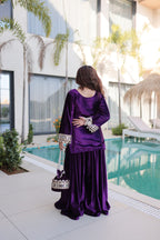 Lorenvalley Fashion Purple Velvet with Rich Zari Embroidered & Real Mirror work Kurta Palazzo with Dupatta - Distacart