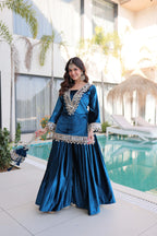 Lorenvalley Fashion Rama Velvet with Rich Zari Embroidered & Real Mirror work Kurta Palazzo with Dupatta - Distacart