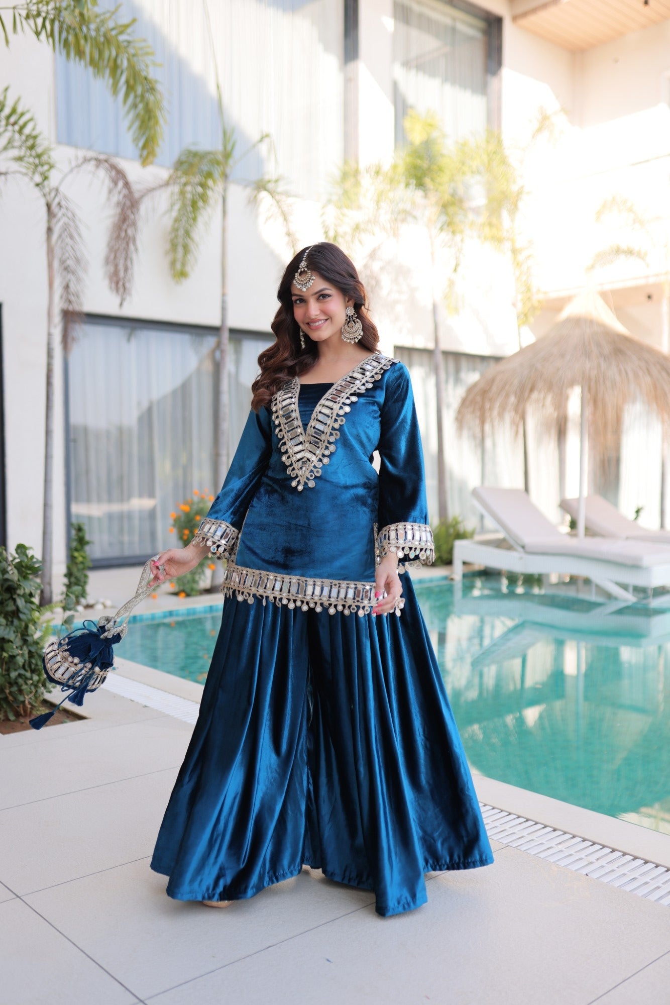 Lorenvalley Fashion Rama Velvet with Rich Zari Embroidered & Real Mirror work Kurta Palazzo with Dupatta - Distacart