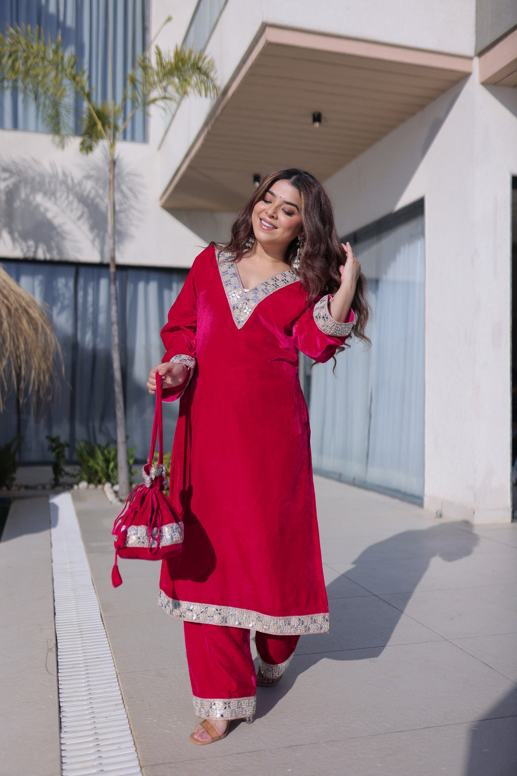 Lorenvalley Fashion Pink 9000 Velvet with Rich Zari Embroidered & Real Mirror Work Kurta Pant with Batwa - Distacart