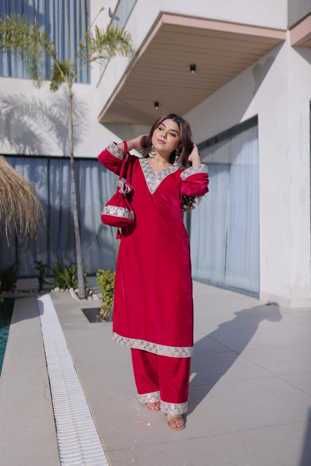 Lorenvalley Fashion Pink 9000 Velvet with Rich Zari Embroidered & Real Mirror Work Kurta Pant with Batwa - Distacart