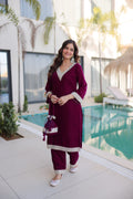Lorenvalley Fashion Wine 9000 Velvet with Rich Zari Embroidered & Real Mirror Work Kurta Pant with Batwa - Distacart