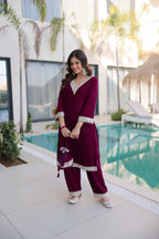 Lorenvalley Fashion Wine 9000 Velvet with Rich Zari Embroidered & Real Mirror Work Kurta Pant with Batwa - Distacart