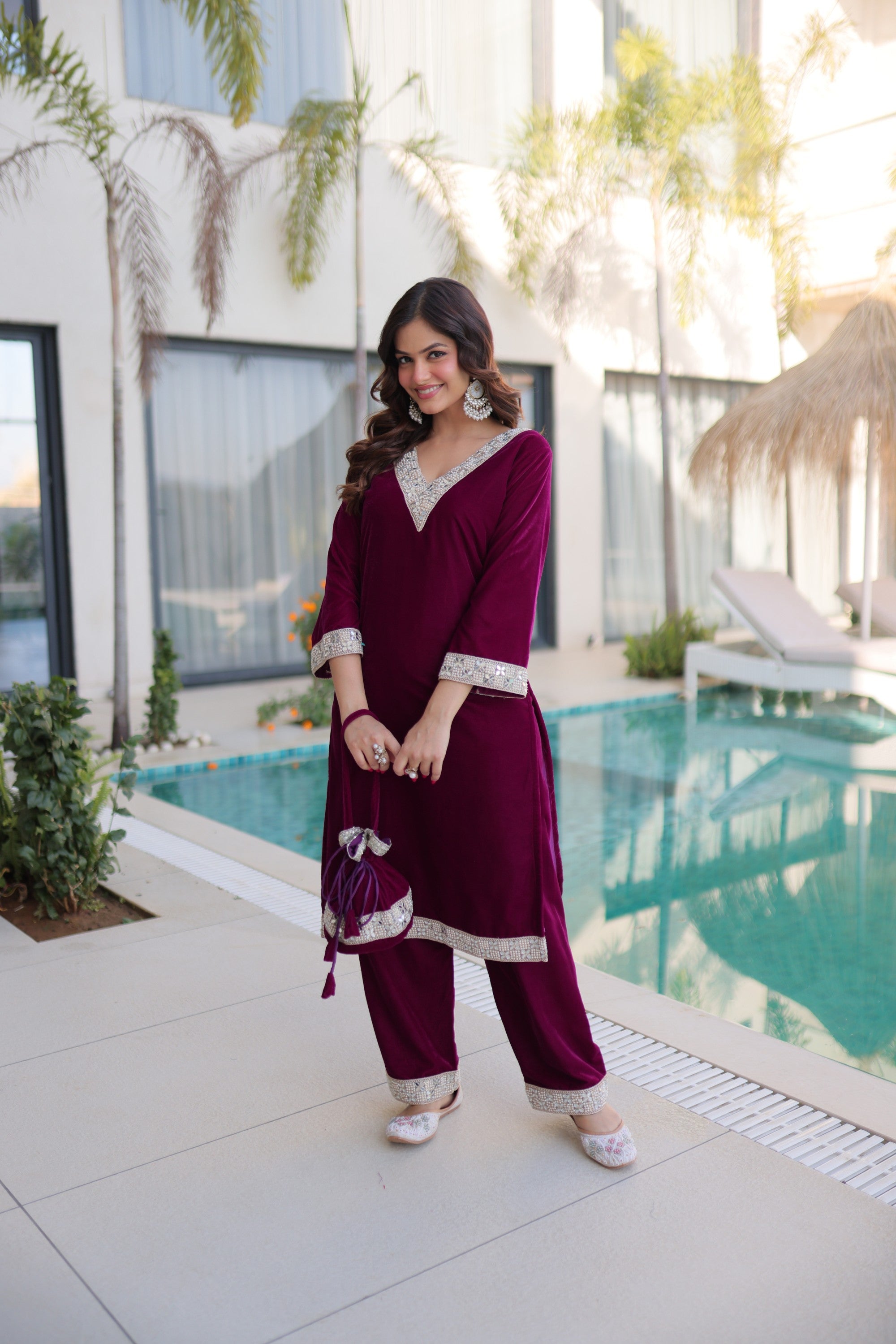Lorenvalley Fashion Wine 9000 Velvet with Rich Zari Embroidered & Real Mirror Work Kurta Pant with Batwa - Distacart