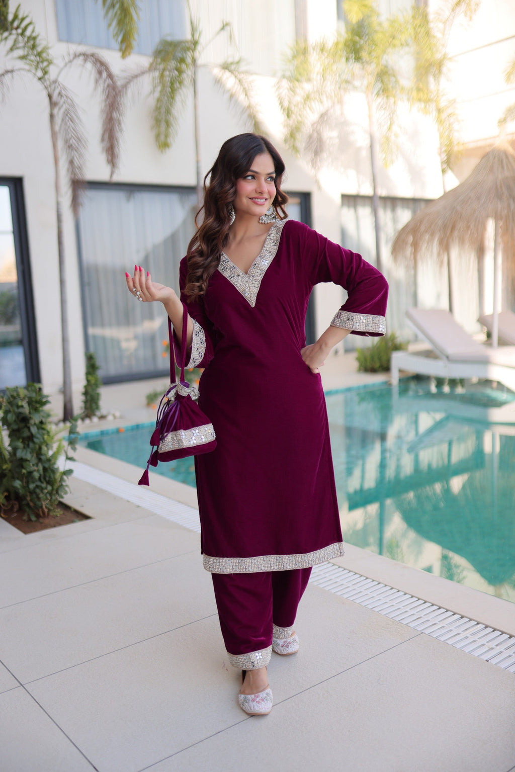 Lorenvalley Fashion Wine 9000 Velvet with Rich Zari Embroidered & Real Mirror Work Kurta Pant with Batwa - Distacart