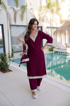 Lorenvalley Fashion Wine 9000 Velvet with Rich Zari Embroidered & Real Mirror Work Kurta Pant with Batwa - Distacart