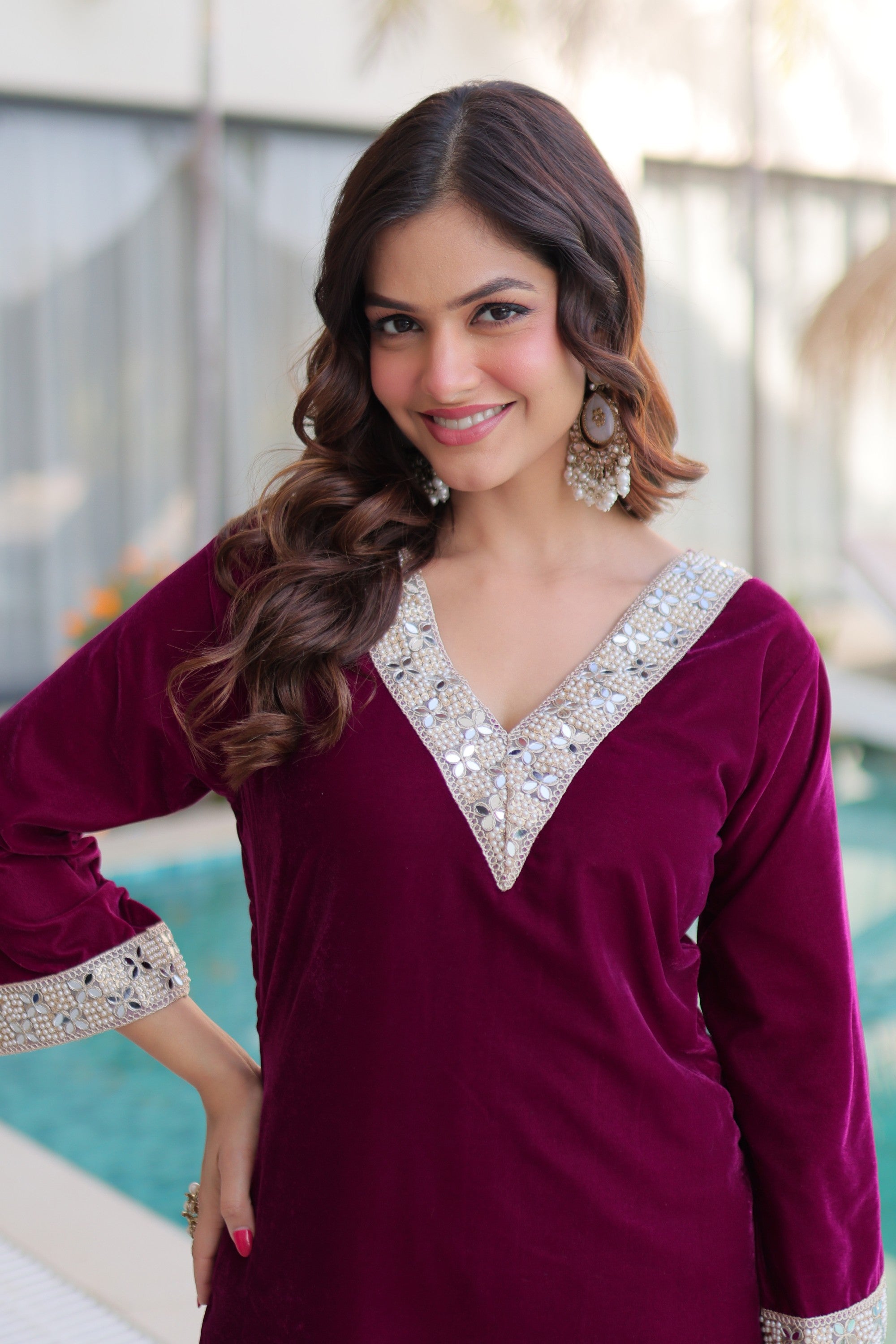 Lorenvalley Fashion Wine 9000 Velvet with Rich Zari Embroidered & Real Mirror Work Kurta Pant with Batwa - Distacart