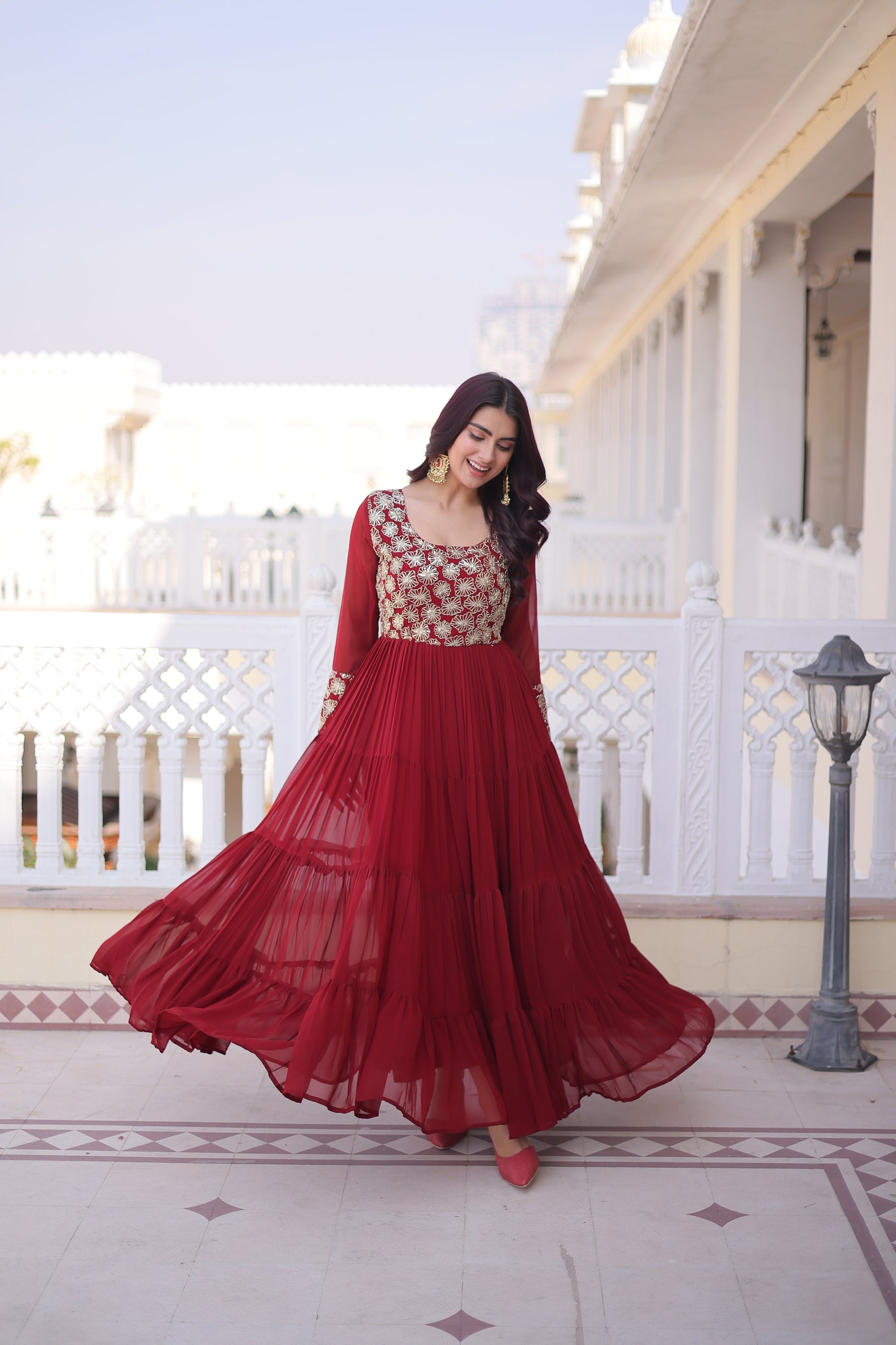 Lorenvalley Fashion Maroon Faux Blooming with Sequins & Zari with Pipe Embroidered work Gown - Distacart