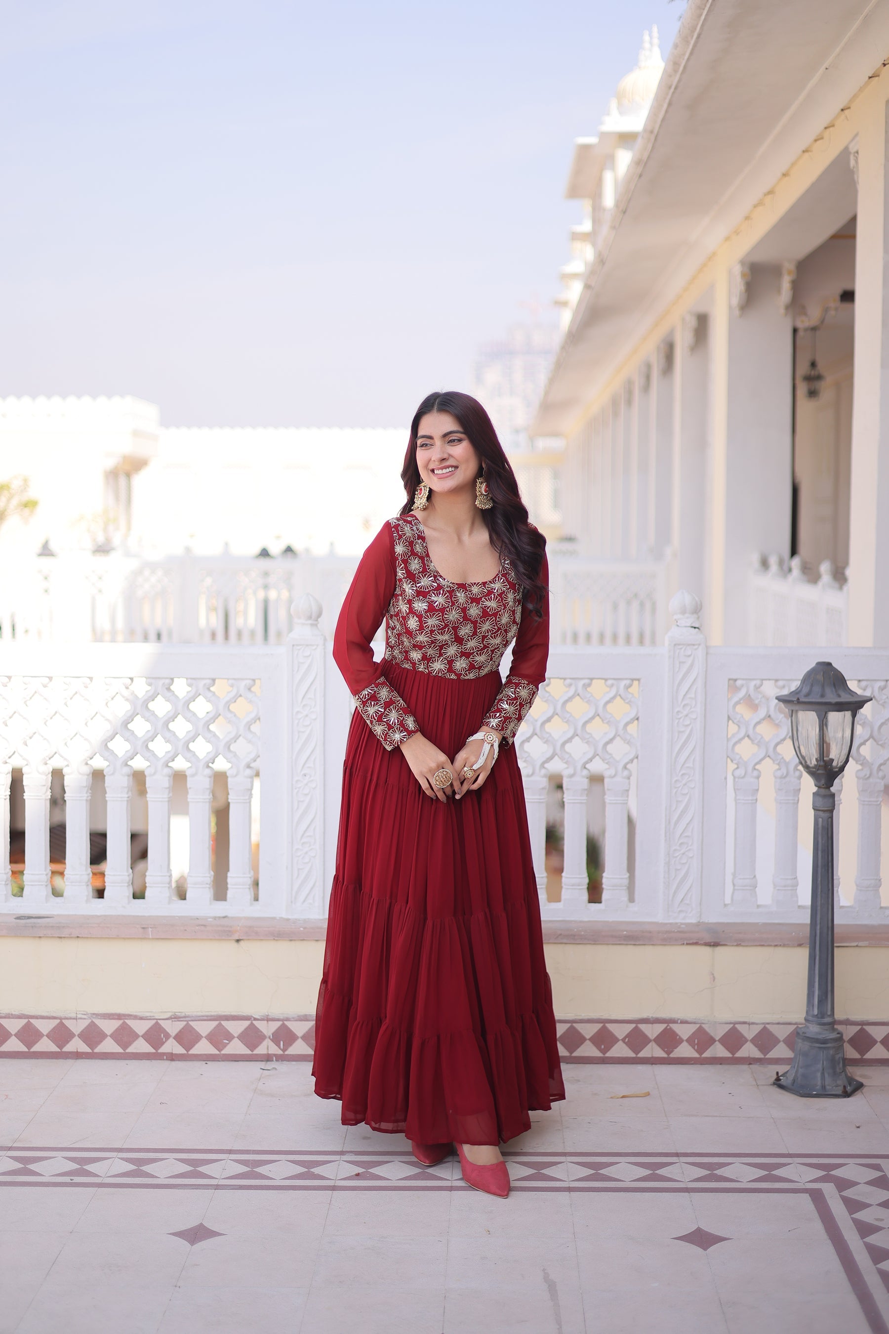 Lorenvalley Fashion Maroon Faux Blooming with Sequins & Zari with Pipe Embroidered work Gown - Distacart