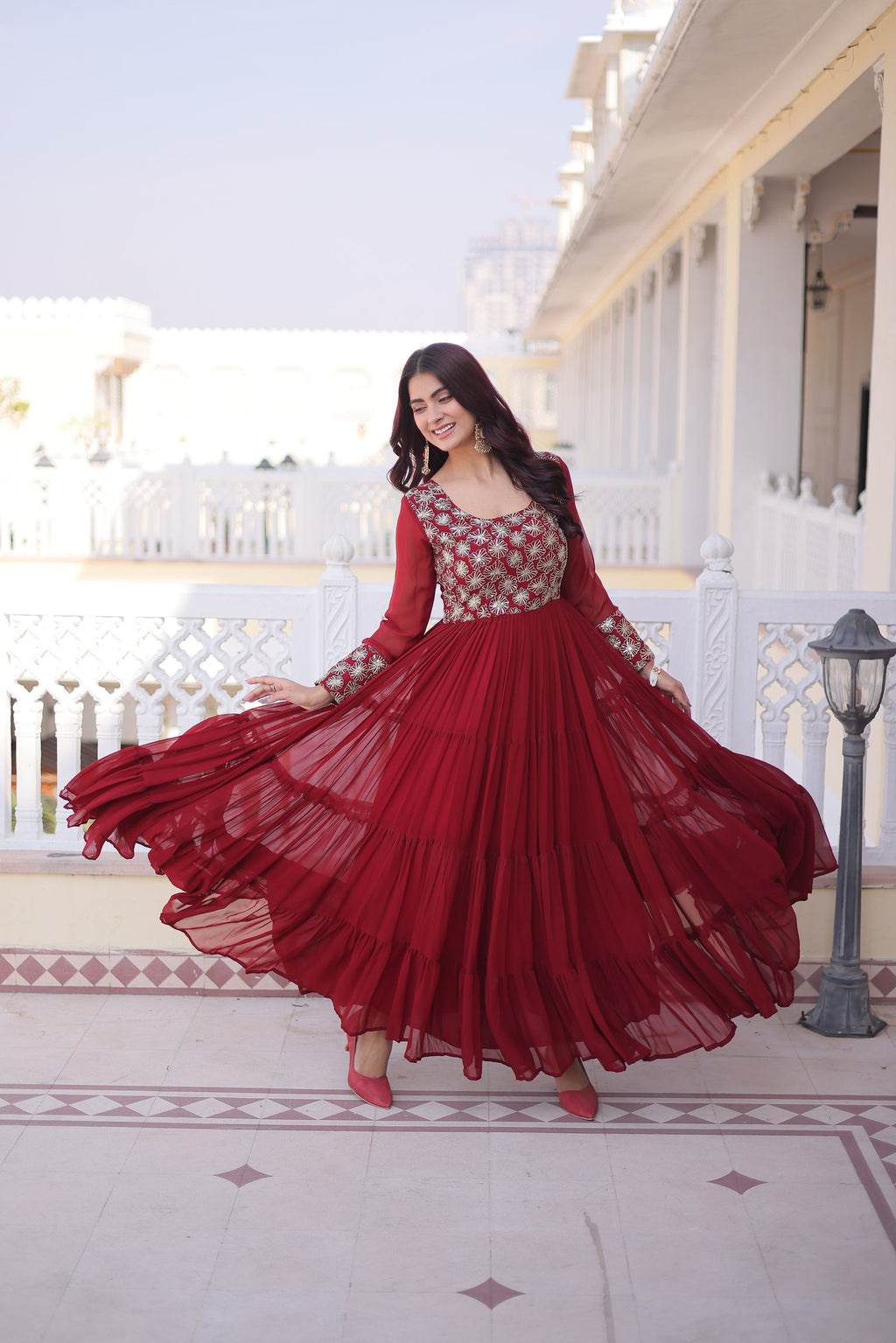 Lorenvalley Fashion Maroon Faux Blooming with Sequins & Zari with Pipe Embroidered work Gown - Distacart