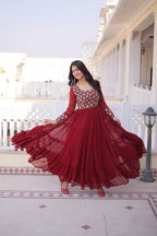 Lorenvalley Fashion Maroon Faux Blooming with Sequins & Zari with Pipe Embroidered work Gown - Distacart