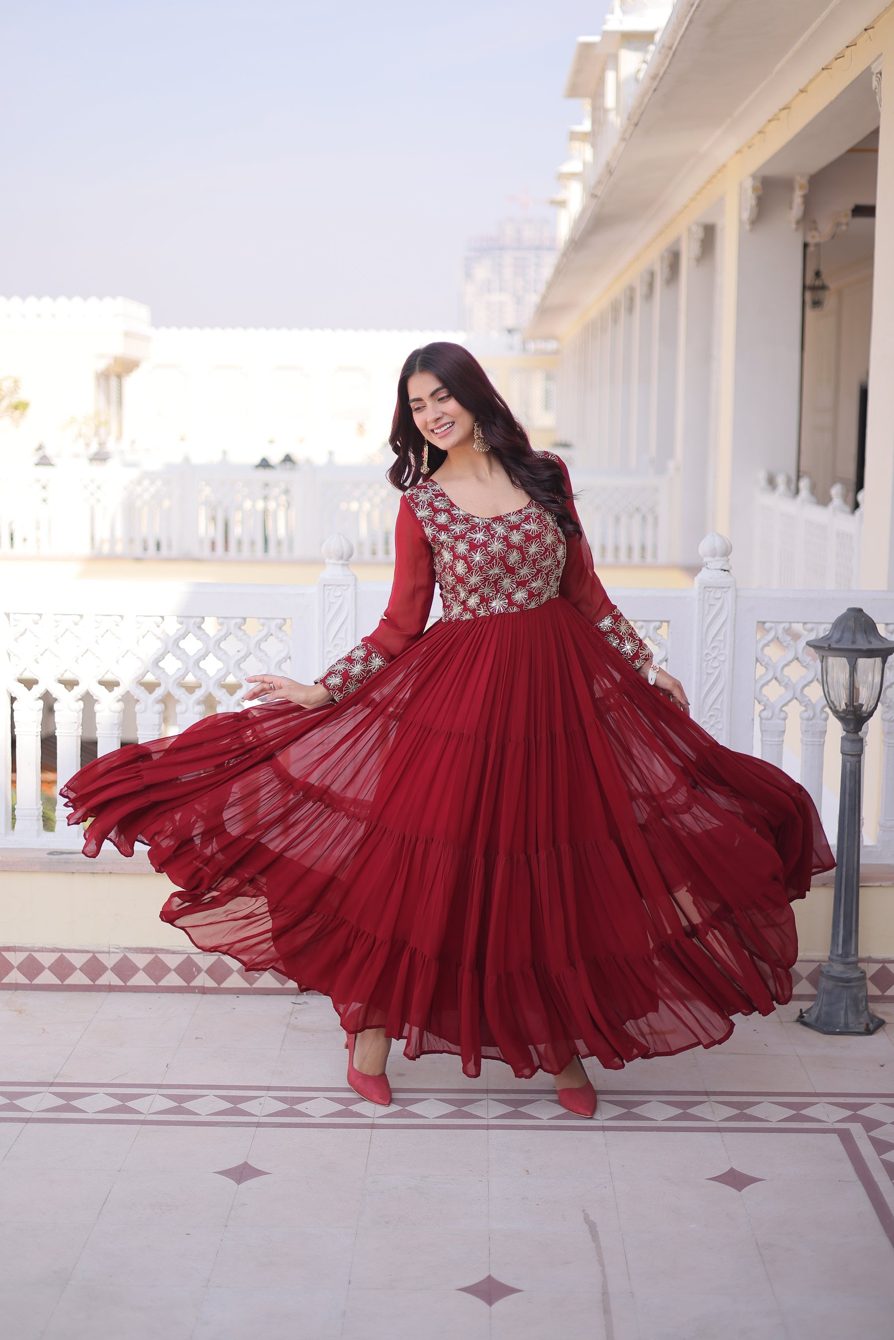 Lorenvalley Fashion Maroon Faux Blooming with Sequins & Zari with Pipe Embroidered work Gown - Distacart