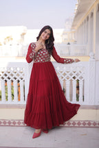 Lorenvalley Fashion Maroon Faux Blooming with Sequins & Zari with Pipe Embroidered work Gown - Distacart