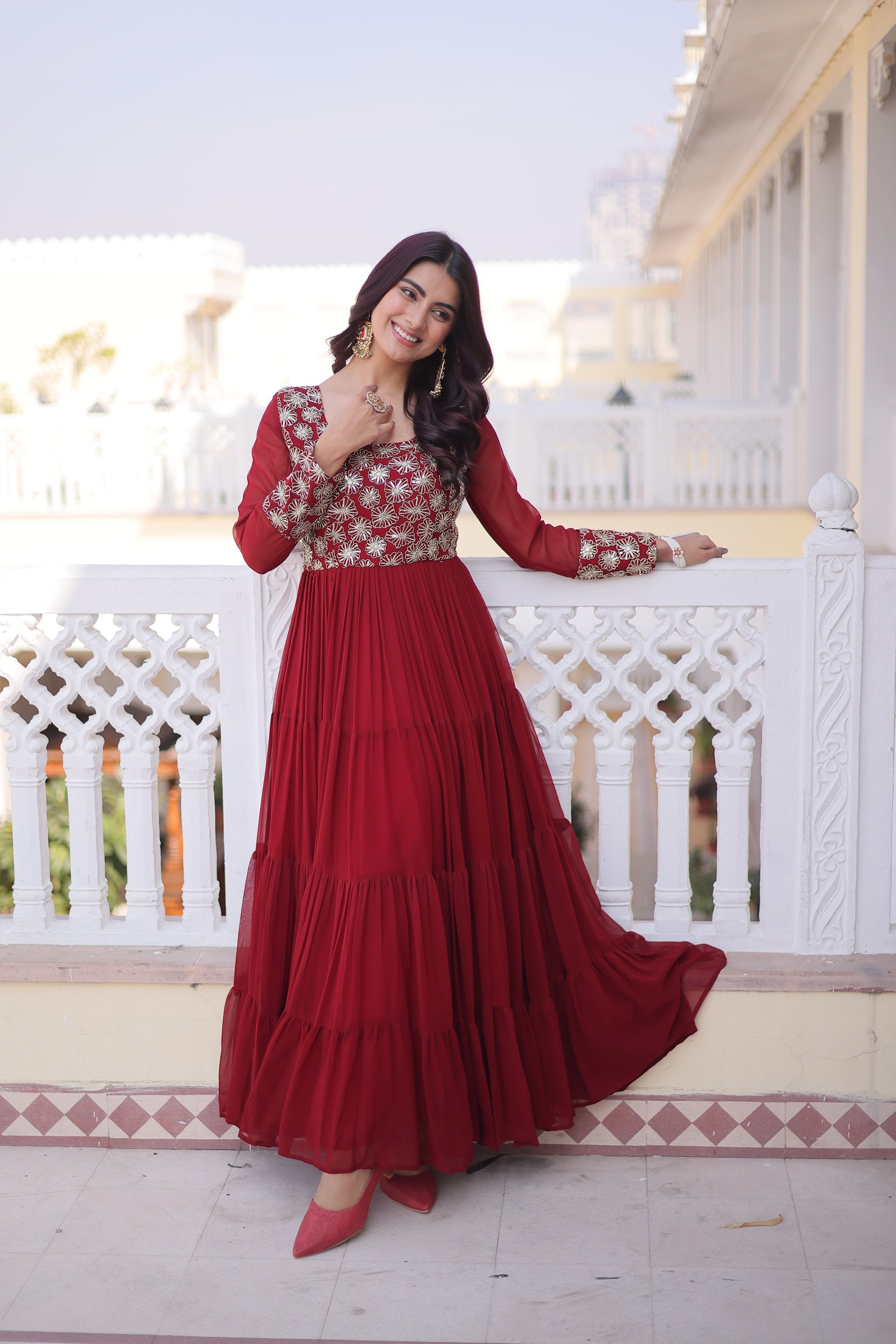 Lorenvalley Fashion Maroon Faux Blooming with Sequins & Zari with Pipe Embroidered work Gown - Distacart