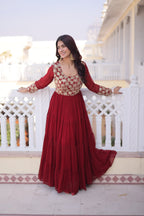 Lorenvalley Fashion Maroon Faux Blooming with Sequins & Zari with Pipe Embroidered work Gown - Distacart