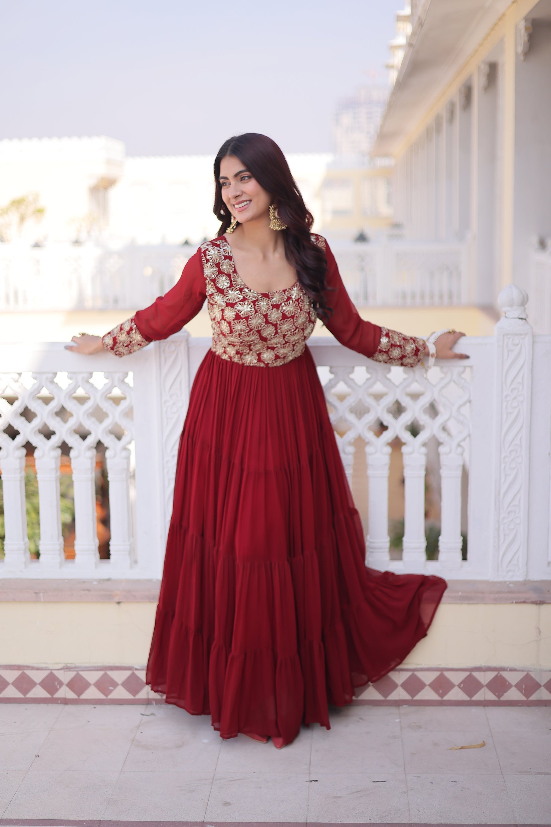 Lorenvalley Fashion Maroon Faux Blooming with Sequins & Zari with Pipe Embroidered work Gown - Distacart