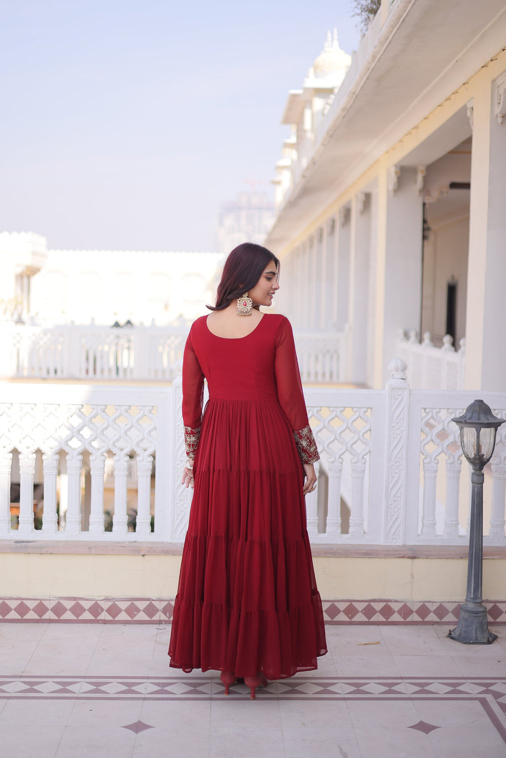Lorenvalley Fashion Maroon Faux Blooming with Sequins & Zari with Pipe Embroidered work Gown - Distacart