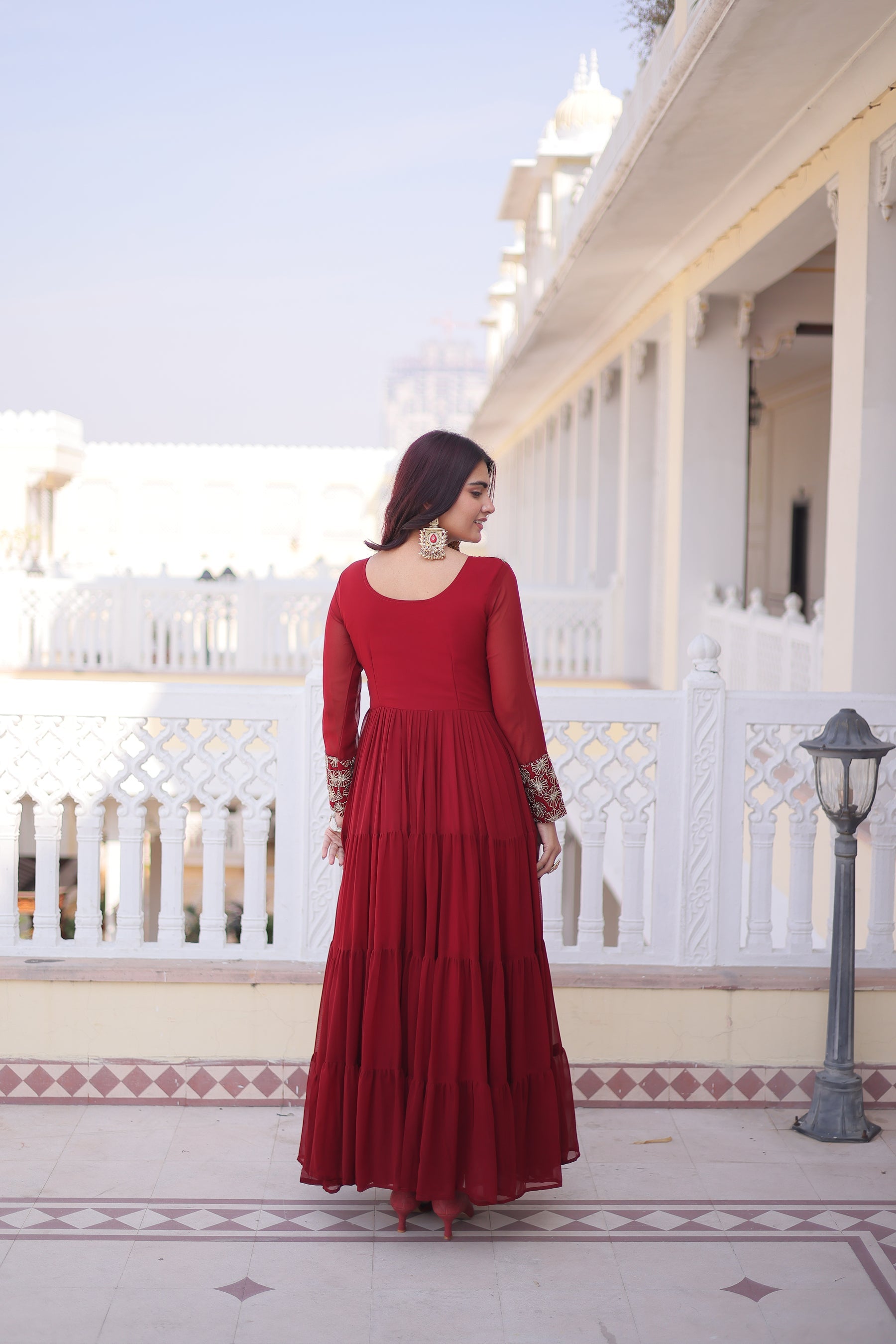 Lorenvalley Fashion Maroon Faux Blooming with Sequins & Zari with Pipe Embroidered work Gown - Distacart