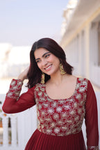 Lorenvalley Fashion Maroon Faux Blooming with Sequins & Zari with Pipe Embroidered work Gown - Distacart