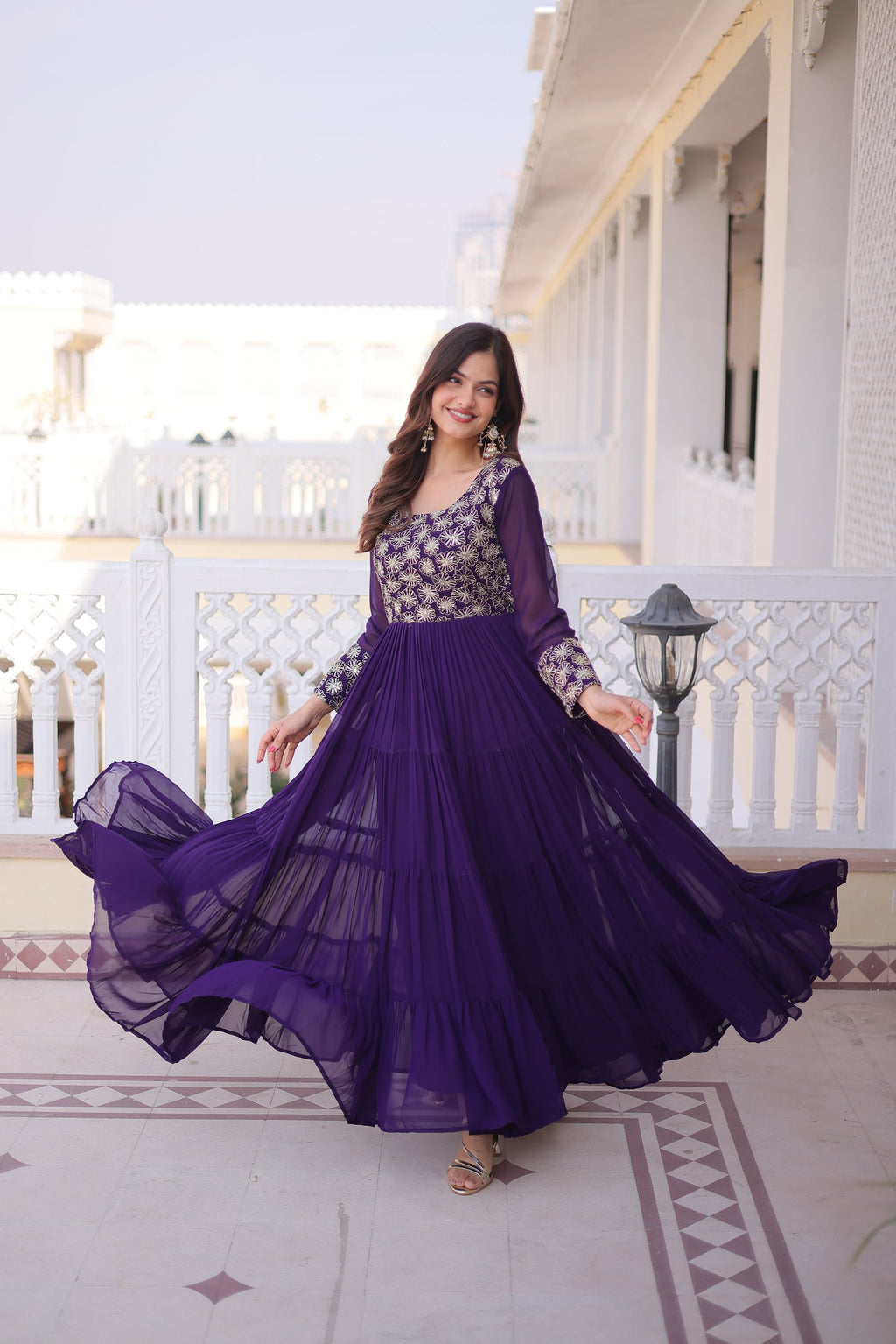 Lorenvalley Fashion Purple Faux Blooming with Sequins & Zari with Pipe Embroidered work Gown - Distacart
