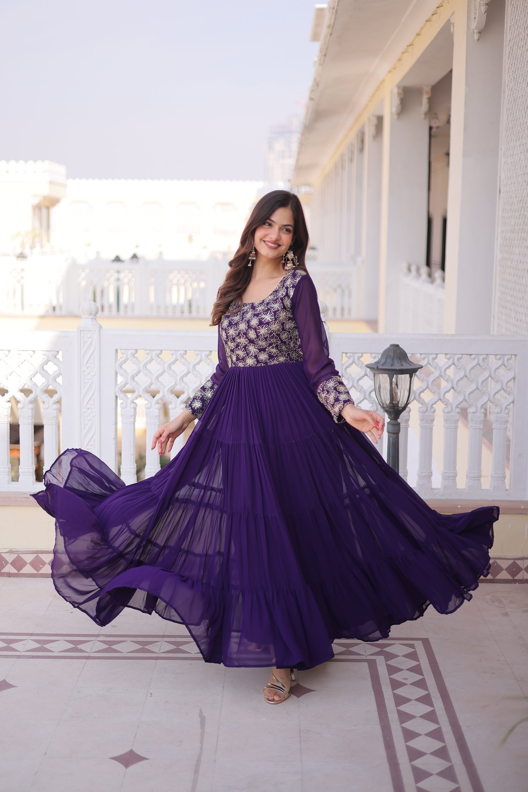 Lorenvalley Fashion Purple Faux Blooming with Sequins & Zari with Pipe Embroidered work Gown - Distacart