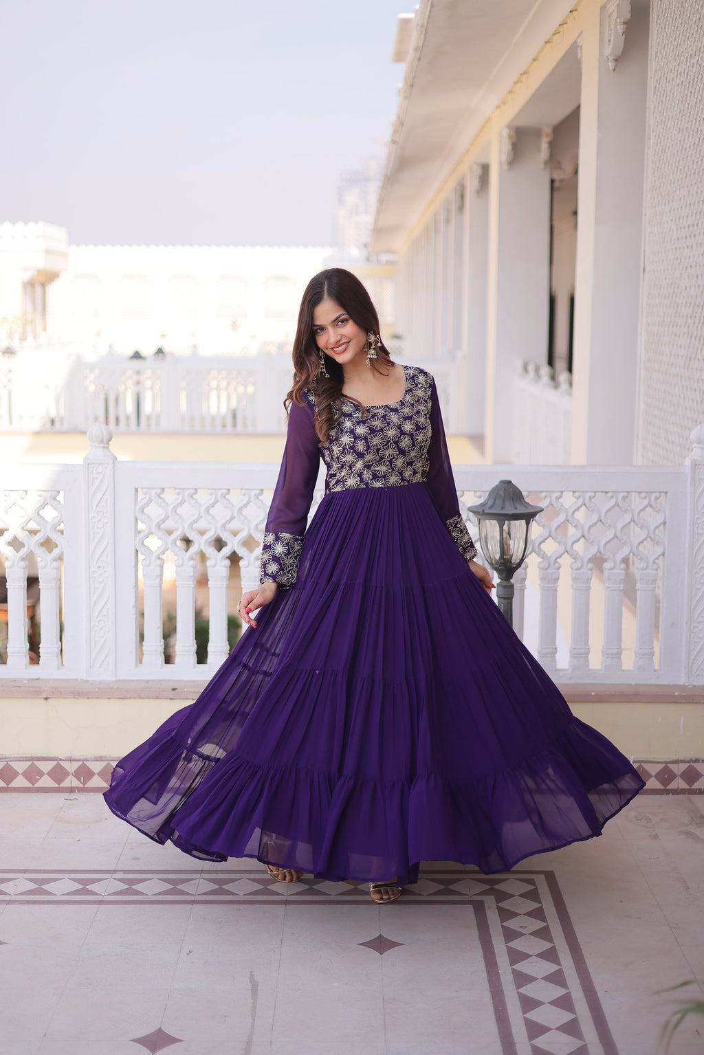 Lorenvalley Fashion Purple Faux Blooming with Sequins & Zari with Pipe Embroidered work Gown - Distacart