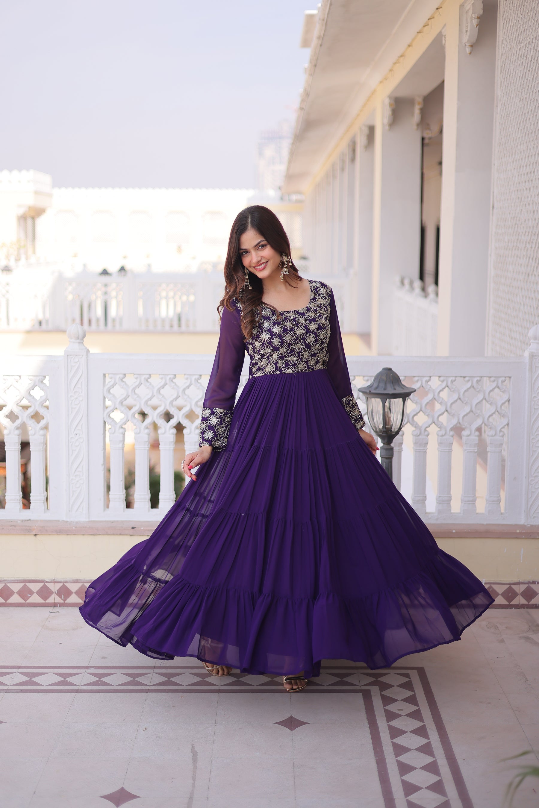 Lorenvalley Fashion Purple Faux Blooming with Sequins & Zari with Pipe Embroidered work Gown - Distacart