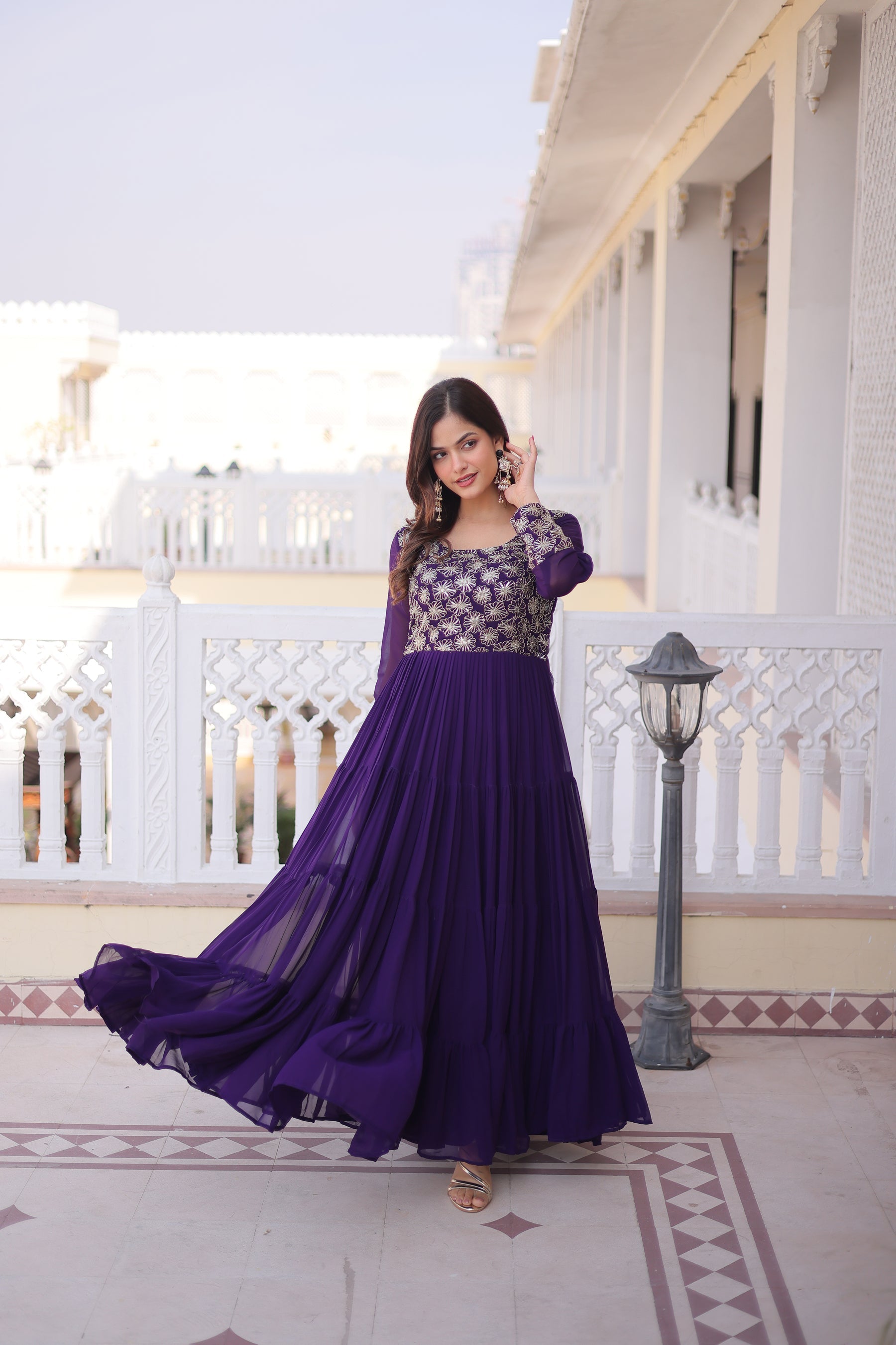 Lorenvalley Fashion Purple Faux Blooming with Sequins & Zari with Pipe Embroidered work Gown - Distacart