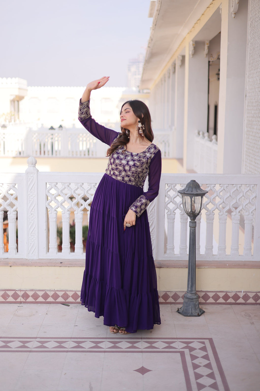 Lorenvalley Fashion Purple Faux Blooming with Sequins & Zari with Pipe Embroidered work Gown - Distacart