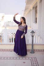 Lorenvalley Fashion Purple Faux Blooming with Sequins & Zari with Pipe Embroidered work Gown - Distacart