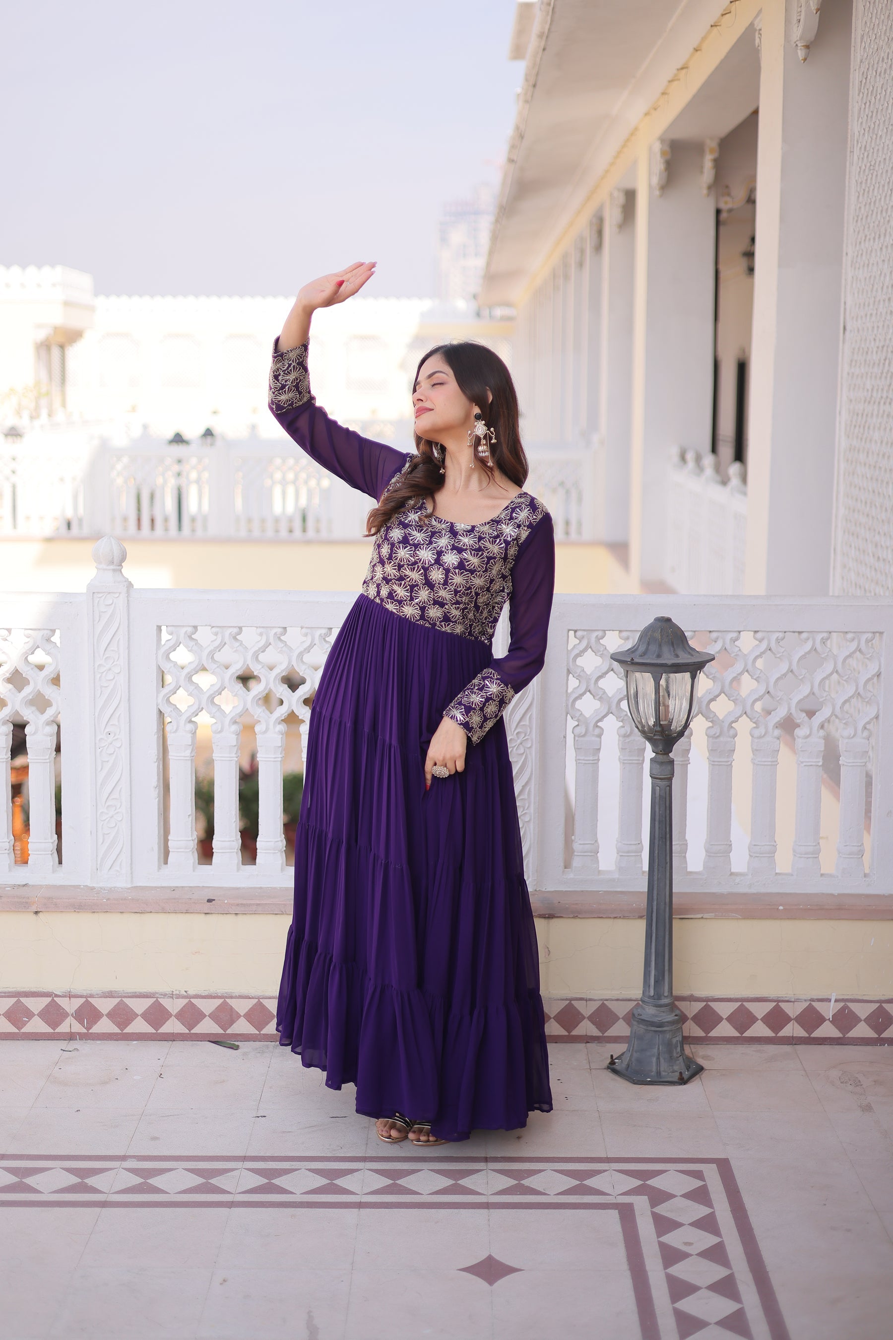 Lorenvalley Fashion Purple Faux Blooming with Sequins & Zari with Pipe Embroidered work Gown - Distacart