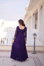 Lorenvalley Fashion Purple Faux Blooming with Sequins & Zari with Pipe Embroidered work Gown - Distacart