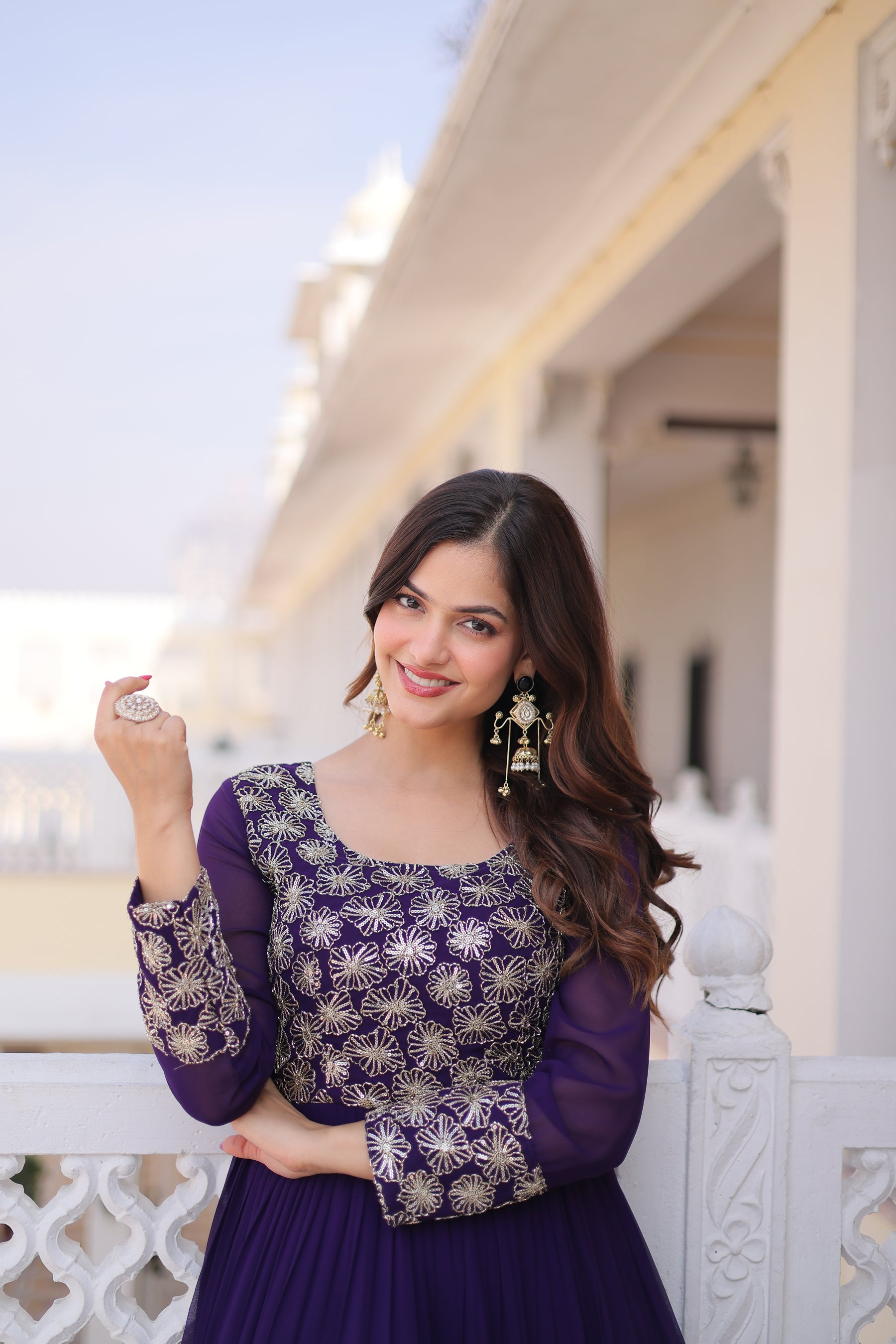 Lorenvalley Fashion Purple Faux Blooming with Sequins & Zari with Pipe Embroidered work Gown - Distacart
