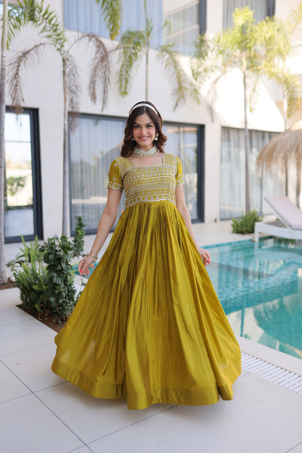 Lorenvalley Fashion Mehendi H O Silk with Sequins & Zari with Pipe Beads Embroidered work Gown - Distacart