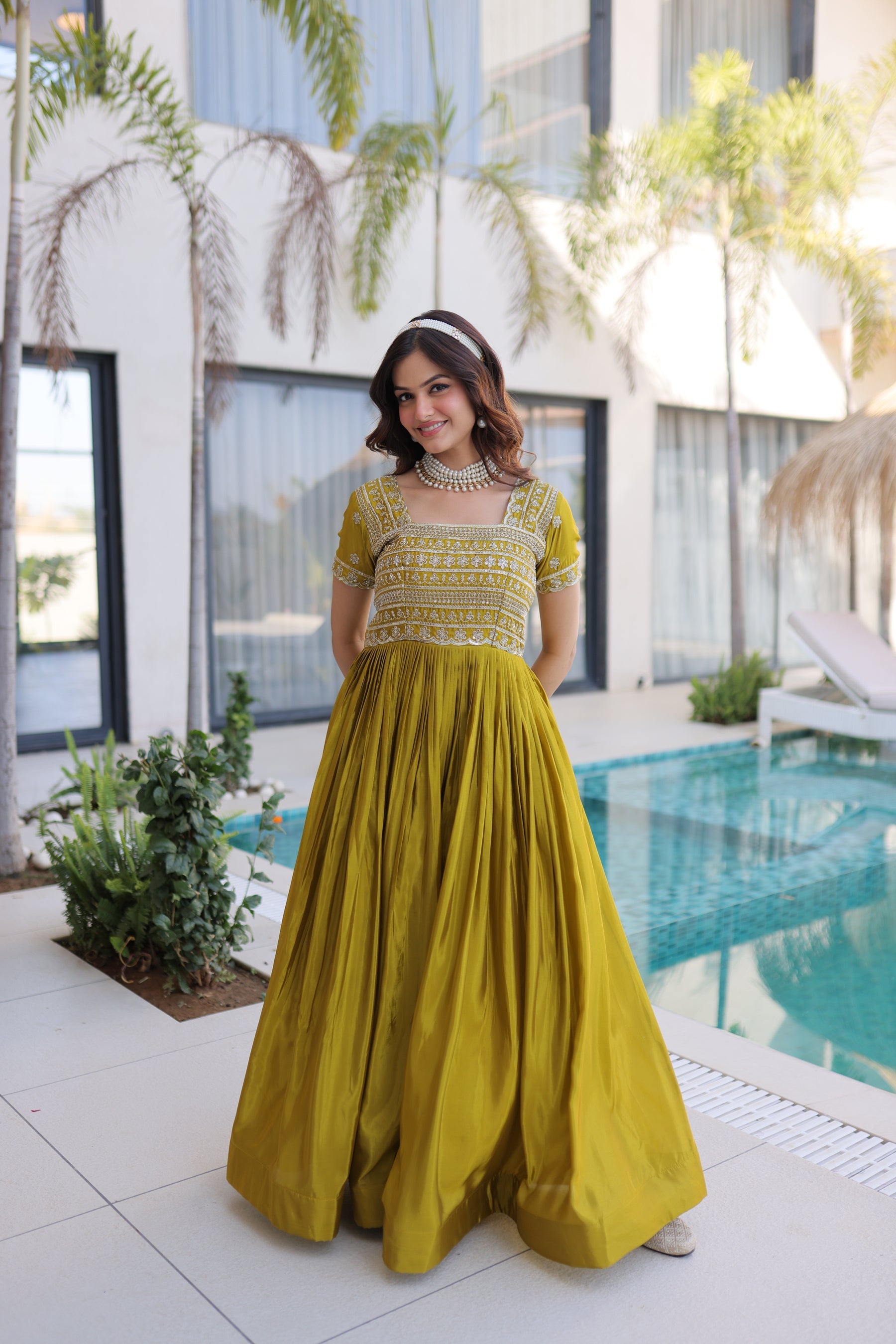 Lorenvalley Fashion Mehendi H O Silk with Sequins & Zari with Pipe Beads Embroidered work Gown - Distacart