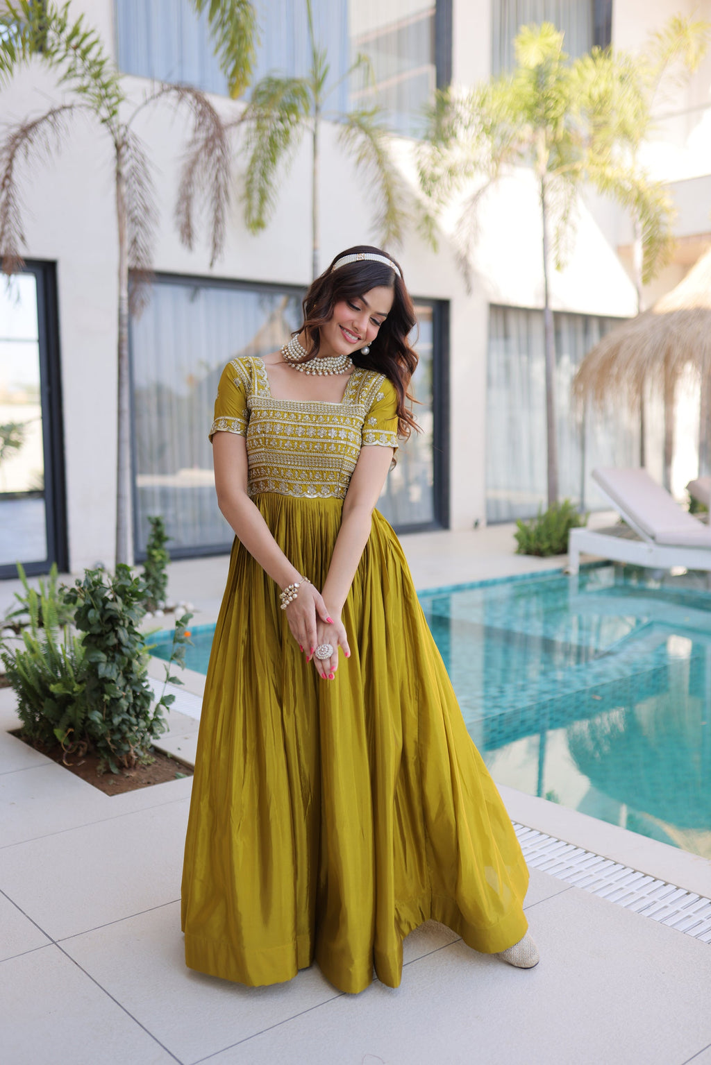 Lorenvalley Fashion Mehendi H O Silk with Sequins & Zari with Pipe Beads Embroidered work Gown - Distacart