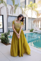 Lorenvalley Fashion Mehendi H O Silk with Sequins & Zari with Pipe Beads Embroidered work Gown - Distacart